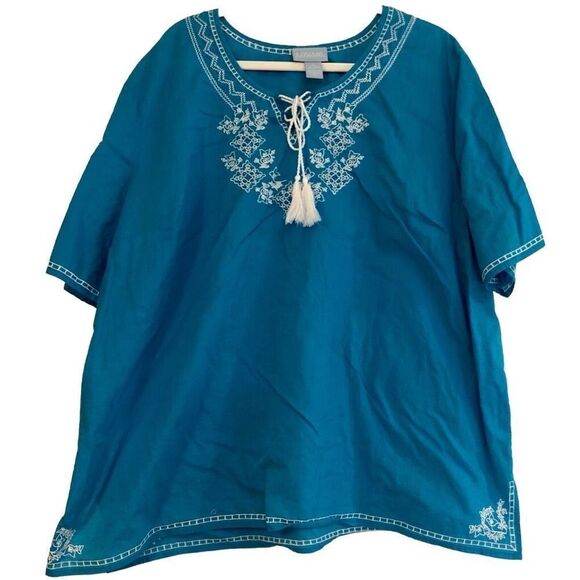 Liz & Me Blue V-neck Lace-up Embroidered Beads Short Sleeve Blouse 2X (22/24 W) - Picture 1 of 16
